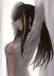  1girl absurdres arms_behind_head bangs black_hair breasts choker cleavage closed_eyes commentary_request from_side girls_frontline hair_tie_in_mouth highres long_hair m4a1_(girls_frontline) mouth_hold multicolored_hair navel open_clothes open_shirt selcky shirt streaked_hair white_shirt 