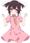  1girl alternate_hairstyle animal_ears arms_up bangs black_hair blush bright_pupils bunny_ears carrot_necklace clenched_hands commentary_request cowboy_shot dress high_collar highres inaba_tewi looking_at_viewer partial_commentary pink_dress puffy_short_sleeves puffy_sleeves pun red_eyes short_hair short_sleeves simple_background smile solo standing touhou tsukimirin tsurime twintails white_background white_pupils 
