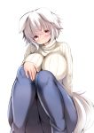  1girl animal_ears blush breasts curvy denim ears_down eyebrows_visible_through_hair highres huge_breasts inubashiri_momiji jeans knees_up no_hat no_headwear pants ribbed_sweater shishi_juuroku sitting solo sweater tail thick_thighs thighs touhou white_background white_sweater wide_hips wolf_ears wolf_tail 