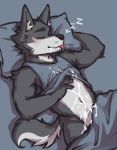  anthro blush canid canine canis clothed clothing cum_in_self flunky flunky_(character) fur furniture hi_res male mammal pillow sleeping solo wolf 