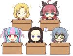  +++ 5girls :d ahoge bang_dream! bangs black-framed_eyewear black_hair black_shirt black_vest blonde_hair blue_eyes blue_hair blunt_bangs blush_stickers box cardboard_box cat_ear_headphones chu2_(bang_dream!) collarbone collared_shirt commentary_request eyebrows_visible_through_hair forehead glasses green_eyes grin hair_between_eyes hair_bobbles hair_ornament hair_over_shoulder hair_scrunchie headphones heart highres in_box in_container jacket layer_(bang_dream!) lock_(bang_dream!) long_hair long_sleeves looking_at_viewer masking_(bang_dream!) multicolored_hair multiple_girls musical_note navy_blue_jacket necktie one_eye_closed open_mouth pareo_(bang_dream!) parted_hair pink_eyes pink_hair print_scrunchie purple_shirt raise_a_suilen red_hair red_jacket red_neckwear red_scrunchie scrunchie shirt short_hair sidelocks simple_background smile spoken_musical_note striped striped_neckwear sweatdrop tearing_up tears teen_(teen629) track_jacket trembling twintails two-tone_hair upper_body vest wavy_mouth white_background white_cardigan white_shirt yellow_eyes 