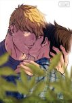  2boys artist_name back black_hair blonde_hair blue_eyes blue_shirt closed_eyes couple cris_art earrings hair_over_one_eye hand_on_another&#039;s_head hand_on_another&#039;s_shoulder hulkling jewelry kiss looking_at_viewer male_focus marvel multiple_boys one_eye_covered patreon_username plaid plaid_shirt shirt short_hair sideburns upper_body white_background wiccan yaoi 