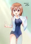  1girl artist_logo blue_swimsuit brown_eyes brown_hair competition_school_swimsuit cowboy_shot dated fang highres inakami inokuma_youko kin-iro_mosaic looking_at_viewer school_swimsuit short_hair solo standing swimsuit towel towel_around_neck v white_towel 