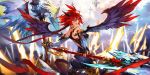  1girl ahoge ass blue_eyes breasts dual_wielding fingerless_gloves gloves hair_ornament highres holding holding_weapon looking_at_viewer looking_back medium_breasts official_art open_mouth red_hair seven_knights solo spiked_gauntlets standing torn_clothes torn_legwear weapon wings 