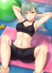  1girl aqua_hair armpits arms_behind_head ball blush breasts cleavage collarbone exercise_ball green_eyes gym_shorts hair_ornament hairclip highres indoors kanden_suki kantai_collection large_breasts long_hair looking_at_viewer lying on_back pov pov_hands shorts solo_focus sports_bra suzuya_(kantai_collection) sweat twitter_username 