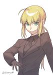  1girl absurdres artoria_pendragon_(all) black_gloves black_neckwear blonde_hair fate/zero fate_(series) formal gloves green_eyes highres long_hair looking_at_viewer necktie ponytail saber shaded_face shayubi smirk solo suit twitter_username upper_body white_background 