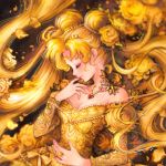  1girl bad_neck bangs bare_shoulders bishoujo_senshi_sailor_moon blonde_hair blush breasts cleavage closed_eyes double_bun ear_piercing earrings flower gold_dress highres jewelry limited_palette long_hair long_sleeves nashi_juni necklace piercing princess_serenity profile sample solo tsukino_usagi twintails upper_body yellow_flower 