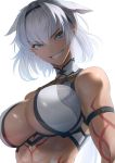  1girl animal_ears arm_strap backlighting bangs blue_eyes body_markings breasts caenis_(fate) dark_skin fate/grand_order fate_(series) grin hair_intakes hairband highres imizu_(nitro_unknown) large_breasts looking_at_viewer short_hair simple_background smile solo tattoo white_background white_bikini_top white_hair 