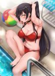  1girl amekasaikuta armpits arms_behind_head arms_up bare_shoulders barefoot bikini black_hair blush breasts choker cleavage closed_mouth collarbone earrings feet hair_between_eyes high_ponytail highres idolmaster idolmaster_shiny_colors jewelry knee_up large_breasts long_hair looking_at_viewer mouth_hold navel necklace ponytail pool poolside red_bikini shirase_sakuya sitting solo swimsuit thighs tying_hair water yellow_eyes 