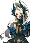  1girl arm_behind_back bare_shoulders blonde_hair claws covered_navel earrings feather_trim feathers highres jewelry league_of_legends long_hair mknnkm2 open_mouth orange_eyes platinum_blonde_hair ponytail simple_background single_earring solo tongue white_background zyra 