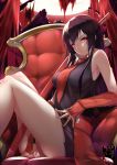  1girl akame akame_ga_kill! arm_guards artist_name bangs bare_legs bare_shoulders between_legs black_dress black_hair breasts commentary dress english_commentary feet_out_of_frame full_moon gainoob hand_between_legs knees_up long_hair looking_at_viewer medium_breasts moon necktie parted_lips red_eyes red_neckwear serious sheath sheathed sitting solo straight_hair sword thighs throne v-shaped_eyebrows very_long_hair waist_bow weapon 