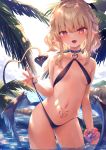 1girl :d bare_arms bare_shoulders bikini black_bikini blonde_hair breasts choker collarbone day demon_girl demon_tail demon_wings fang halterneck head_wings highres kedama_milk lifted_by_self long_hair looking_at_viewer low_wings micro_bikini navel open_mouth original outdoors palm_leaf pointy_ears red_eyes scrunchie small_breasts smile solo stomach stomach_tattoo strap_pull sunlight swimsuit tail tattoo thighs wading water wet wings wrist_scrunchie 