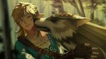  1boy absurdres blonde_hair blue_eyes blue_shirt blurry depth_of_field earrings face_licking fingerless_gloves gloves grin highres jewelry licking link link_(wolf) long_hair nuavic pointy_ears shirt smile the_legend_of_zelda the_legend_of_zelda:_breath_of_the_wild tree wolf 