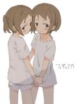  2girls bangs brown_eyes brown_hair character_request copyright_request looking_at_viewer multiple_girls shinagiku shirt short_hair simple_background standing translation_request white_background white_shirt wrist_grab 