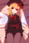  1girl :o bed_sheet black_capelet black_dress black_headwear blonde_hair blush bow capelet dress fairy_wings hair_bow hat head_tilt highres iroha_(pcrx7327) lily_black lily_white long_hair long_sleeves looking_at_viewer red_bow red_eyes sash sitting solo tears touhou wings 