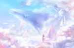 1girl absurdres animal ashleyloob blue_sky boat cloud day dress fish flying_whale hat highres original pastel_colors sail sailboat scenery sky star_(sky) sun_hat surreal watercraft whale white_dress 