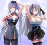  2girls :d archstreal arm_up armpits arms_up azur_lane bangs bare_shoulders black_dress black_gloves black_legwear black_ribbon blue_dress blue_eyes blue_gloves blue_hair braid breasts character_name cleavage cleavage_cutout closed_mouth collarbone collared_dress commentary cowboy_shot dress essex_(azur_lane) eyebrows_behind_hair french_braid gloves grey_hair hair_between_eyes hair_ornament hair_ribbon hand_on_hip highres intrepid_(azur_lane) large_breasts long_hair looking_at_another mole mole_on_breast multiple_girls necktie no_cloak open_mouth pantyhose partly_fingerless_gloves red_neckwear ribbon sidelocks sleeveless sleeveless_dress smile standing strap strapless strapless_dress thighhighs twintails underbust very_long_hair yellow_eyes zettai_ryouiki 