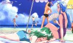  1990s_(style) 2boys 3girls asou_kasumi ball beach beach_umbrella beachball bird blue_hair blue_swimsuit casual_one-piece_swimsuit closed_eyes day fan folding_fan green_hair hinomoto_hikari hokari_jun&#039;ichirou holding holding_fan kokura_masashi logo long_hair lying male_swimwear minazuki_kotoko multiple_boys multiple_girls official_art on_stomach one-piece_swimsuit outdoors ponytail purple_swimsuit sakaki_takumi seagull sitting stretch swim_briefs swimsuit swimwear tokimeki_memorial tokimeki_memorial_2 umbrella 