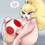  big_breasts blonde_hair breasts dialogue duo female hair hi_res human lyn_nyl mammal mario_bros nintendo nipples not_furry nude princess_peach thick_thighs toad_(mario) video_games 