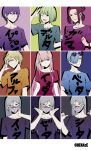 :o arm_up bangs blonde_hair blue_background blue_hair blue_shirt chenaze57 closed_mouth collarbone commentary_request darling_in_the_franxx eyewear_on_head facing_viewer green_background green_eyes green_hair grey_background grey_eyes grey_shirt hair_between_eyes hair_over_one_eye hand_on_own_neck highres holding long_hair looking_at_viewer looking_to_the_side mask medium_hair mouth_mask multiple_boys multiple_girls nine_alpha nine_beta nine_delta nine_epsilon nine_gamma nine_zeta one_eye_closed open_mouth orange_eyes orange_shirt parted_lips pink_hair pink_shirt purple_background purple_hair purple_shirt red_background red_eyes shirt short_hair short_sleeves sidelocks simple_background smile sunglasses t-shirt translation_request triplets upper_body v yellow_eyes zero_two_(darling_in_the_franxx) 