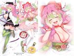  breasts cleavage food japanese_clothes kanroji_mitsuri kimetsu_no_yaiba menggongfang petals pink_hair thighhighs 