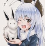  1girl alternate_costume alternate_hairstyle animal_ear_fluff animal_ears bangs beret blue_coat blue_hair blush brown_headwear bunny bunny_ears bunny_girl bunny_tail coat eyebrows_visible_through_hair fur-trimmed_coat fur_trim hat highres hololive long_hair long_sleeves looking_at_viewer mamerakkkkko one_eye_closed open_mouth solo tail thick_eyebrows tongue upper_body usada_pekora virtual_youtuber white_background 