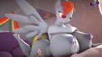  3d_(artwork) absurd_res anthro bed big_breasts bodily_fluids breasts digital_media_(artwork) equid equine female friendship_is_magic furniture hi_res huge_breasts hyper hyper_breasts lactating lying mammal my_little_pony nipples nude on_front pterippus rainbow_dash_(mlp) solo wings woobaloo 