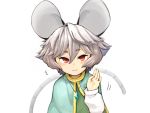  1girl animal_ears capelet commentary_request daitai_konna_kanji grey_hair hand_up jewelry long_sleeves looking_at_viewer mouse_ears mouse_tail nazrin pendant red_eyes shirt short_hair simple_background smile solo tail touhou upper_body waving white_background white_shirt 