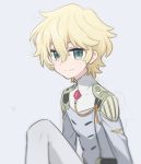  1boy bangs blonde_hair closed_mouth collar commentary_request darling_in_the_franxx green_eyes grey_background hair_between_eyes jacket long_sleeves looking_at_viewer male_focus military military_uniform mt.somo nine_alpha simple_background sitting smile solo uniform upper_body 