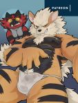  abs anthro anthrofied arcanine asian_clothing biceps big_pecs blush bodily_fluids bulge claws clothing colored duo east_asian_clothing fluffy fundoshi genital_outline huka incineroar japanese_clothing male muscular muscular_male nintendo nipples patreon pawpads pecs penis_outline pok&eacute;mon pok&eacute;mon_(species) pose presenting_crotch smile sweat sweatdrop thick_thighs underwear video_games wet wet_clothing 