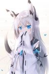  1girl absurdres animal_ears azur_lane bangs black_sailor_collar black_serafuku blue_eyes blue_neckwear eyebrows_visible_through_hair fox_ears fox_girl fox_tail hair_between_eyes highres kawakaze_(azur_lane) long_hair long_sleeves looking_at_viewer neckerchief ribbon-trimmed_clothes ribbon-trimmed_sleeves ribbon_trim sailor_collar school_uniform serafuku silver_hair simple_background sleeves_past_wrists solo tail very_long_hair white_background white_hair wide_sleeves yukishiro_haku 