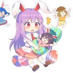  &gt;_&lt; /\/\/\ 4girls :3 :d :t =3 =_= animal_ears bangs barefoot black_hair blue_hair blue_shirt blue_skirt blush brown_footwear brown_hair brown_headwear bunny_ears caramell0501 carrot_necklace chibi closed_eyes commentary dango easter easter_egg egg eyebrows_visible_through_hair flat_cap food hat highres holding holding_food inaba_tewi loafers long_hair miniskirt multiple_girls open_mouth orange_shirt outstretched_arms pink_skirt puffy_short_sleeves puffy_sleeves purple_hair red_eyes reisen_udongein_inaba ringo_(touhou) seiran_(touhou) shirt shoes short_hair short_sleeves shorts simple_background skirt skirt_set smile socks touhou very_long_hair wagashi white_background white_legwear white_shirt yellow_shorts 