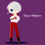  1boy :&gt; blue_eyes character_name finger_to_mouth hair_over_one_eye hand_on_hip heart heart-shaped_pupils highres ice_skates kaorin_minogue male_focus purple_background silver_hair skates sparkle symbol-shaped_pupils track_suit viktor_nikiforov yuri!!!_on_ice 
