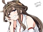  1girl ahoge armor bangs blush breasts brown_hair chin_rest darkside detached_sleeves eyebrows_visible_through_hair grin headgear japanese_armor kantai_collection kongou_(kantai_collection) long_hair nontraditional_miko purple_eyes ribbon-trimmed_sleeves ribbon_trim signature simple_background smile smug solo white_background 