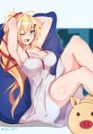  1girl akai_haato armpits arms_up bare_legs blonde_hair blue_eyes breasts cleavage dress haaton_(haato_channel) hair_ornament hairclip heart heart_hair_ornament highres hololive knee_up long_hair myumi pillow ponytail sitting solo spaghetti_strap virtual_youtuber 