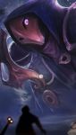  2boys absurdres blurry blurry_foreground cloud cloudy_sky fzed highres hood hood_up jhin lamppost league_of_legends looking_down looking_up male_focus mask multiple_boys outdoors planet purple_eyes silhouette size_difference sky standing star_(sky) 