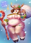  2019 4_fingers accessory anthro antlers bag belly big_breasts bikini biped blue_eyes blush breasts brown_body brown_fur brown_hair capreoline cervid christmas cleavage clothed clothing curvy_figure ear_tag female fingers fur hair hair_accessory hairband holding_object holding_staff holidays holly_(plant) horn huge_breasts kemono legband looking_at_viewer mammal midriff multicolored_body multicolored_fur navel neck_tuft ni_jikan nipple_outline open_mouth open_smile plant ponytail reindeer sack simple_background skimpy slightly_chubby smile snow solo staff standing swimwear tan_body tan_fur thick_thighs tight_clothing tuft under_boob voluptuous white_body white_fur wide_hips wristband 