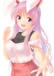  1girl :d alternate_costume animal_ears bangs bare_shoulders blush breasts bunny_ears casual commentary_request contemporary eyebrows_visible_through_hair hand_up highres kue large_breasts long_hair looking_at_viewer off-shoulder_shirt off_shoulder open_mouth pink_skirt purple_hair reaching_out red_eyes reisen_udongein_inaba shirt simple_background skirt smile solo touhou upper_body white_background white_shirt 