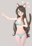  1girl @_@ animal_ear_fluff animal_ears armpits bangs black_hair blue_bra blue_eyes blue_panties blush bra breasts cat_ears cat_tail cowboy_shot eyebrows_visible_through_hair facing_viewer fang full-face_blush grey_background highres long_hair navel nekoze_(s22834712) open_mouth original outstretched_arm panties simple_background small_breasts solo swept_bangs tail underwear 