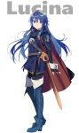  1girl arms_at_sides belt belt_buckle black_cape blue_eyes blue_hair boots buckle cape closed_mouth falchion_(fire_emblem) fingerless_gloves fire_emblem fire_emblem_awakening full_body gloves hair_ornament highres long_hair long_sleeves looking_at_viewer lucina_(fire_emblem) ribbed_sweater ryon_(ryonhei) smile sweater sword symbol_in_eye thigh_boots thighhighs tiara turtleneck very_long_hair weapon white_background wrist_cuffs 