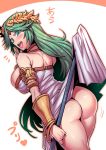  1girl ass bare_shoulders blush breasts circlet dress dress_lift eyebrows_visible_through_hair from_behind green_eyes green_hair highres holding holding_staff kid_icarus large_breasts looking_at_viewer looking_back open_mouth palutena shiny shiny_hair shiny_skin simple_background staff tsuki_wani vambraces white_background white_dress 