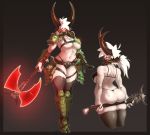  4_horns areola armor breasts butt butt_squish clothing doom_eternal female glowing glowing_eyes green_armor hair hi_res holding_object holding_weapon horn horned_humanoid humanoid legwear marauder_(doom) multi_horn navel red_eyes rube squish thigh_highs thigh_squish weapon white_hair 