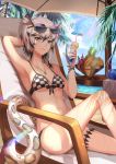  1girl absurdres animal_ear_fluff animal_ears arknights arm_behind_head arm_up armpits banana bangs bare_arms bare_legs bare_shoulders beach_umbrella bikini black_hair blue_sky breasts chair checkered checkered_bikini cliffheart_(arknights) commentary cup day drinking_glass drinking_straw eyewear_on_head feet_out_of_frame food fruit grey_eyes hair_between_eyes hand_up highres holding holding_cup huge_filesize ihan jewelry knee_up leopard_ears leopard_tail looking_at_viewer medium_breasts multicolored_hair navel no_hat no_headwear pendant pineapple short_hair silver_hair sitting sky smile solo stomach streaked_hair sunglasses swimsuit tail thighs umbrella 