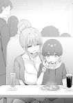  3boys 3girls age_difference blush breasts chair closed_mouth collarbone condensation cup drinking_straw eating eyebrows_visible_through_hair flirting food fork greyscale hair_bun hair_bun_onee-san_(sky_(freedom)) hand_on_another&#039;s_thigh highres holding holding_fork hood hoodie ice ice_cube indoors large_breasts long_hair looking_at_another looking_back meatball monochrome multiple_boys multiple_girls napkin open_mouth original pasta plate restaurant sitting skirt sky_(freedom) soda spaghetti standing steam sweat table teeth 