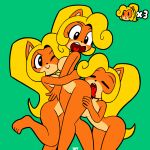  2020 absurd_res activision anthro blonde_hair breasts butt coco_bandicoot crash_bandicoot_(series) female female/female genitals group hair hi_res hug licking long_hair mammal marsupial nipples open_mouth pussy selfcest signature smile square_crossover tongue tongue_out video_games yopy 