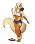  2018 4_toes 5_fingers absurd_res anthro arcanine black_markings black_nose blue_eyes breasts candy chocolate fangs female fingers food fur hi_res human_to_anthro markings nintendo open_mouth open_smile orange_body orange_fur pok&eacute;mon pok&eacute;mon_(species) simple_background smile solo species_transformation standing toes tomek1000 transformation under_boob video_games white_background 