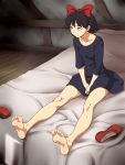  1girl attic bangs bare_legs barefoot bed bed_sheet black_dress black_hair bow brown_eyes closed_mouth collarbone commentary dress expressionless feet flat_chest hair_bow hairband hands_on_own_crotch highres kiki kiki_(little_twin_stars) legs looking_away majo_no_takkyuubin maku_(l-u) no_shoes on_bed outstretched_legs red_bow red_footwear shoes_removed short_hair sitting sitting_on_bed soles solo studio_ghibli toes wooden_floor 