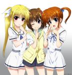  3girls blonde_hair blue_eyes blush breasts brown_hair closed_mouth collarbone eyebrows_visible_through_hair fate_testarossa hair_ornament hair_ribbon hairclip hand_on_another&#039;s_shoulder highres long_hair looking_at_viewer lyrical_nanoha mahou_shoujo_lyrical_nanoha mahou_shoujo_lyrical_nanoha_a&#039;s multiple_girls one_eye_closed open_mouth red_eyes ribbon school_uniform shiny shiny_hair short_hair simple_background small_breasts smile standing syu1 takamachi_nanoha twintails white_background yagami_hayate 