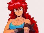  1990s_(style) 1girl armband bandaged_wrist bangs big_hair breasts brown_gloves cleavage commentary crossed_arms david_liu english_commentary gloves grey_background highres looking_at_viewer maria_(space_maria) medium_breasts red_eyes red_hair scar solo space_maria spaghetti_strap tank_top 