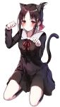  1girl animal_ears black_hair black_skirt blush cat_ears cat_tail closed_mouth eyebrows_visible_through_hair highres kaguya-sama_wa_kokurasetai_~tensai-tachi_no_renai_zunousen~ looking_at_viewer paw_pose red_eyes red_neckwear red_ribbon ribbon sak_(lemondisk) seiza shinomiya_kaguya simple_background sitting skirt solo tail white_background 